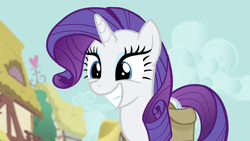 Size: 1280x720 | Tagged: safe, imported from derpibooru, screencap, rarity, pony, unicorn, inspiration manifestation, bag, big grin, female, grin, mare, saddle bag, smiling, solo