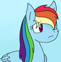 Size: 706x717 | Tagged: safe, artist:cmara, imported from derpibooru, rainbow dash, pegasus, pony, blue background, female, mare, sad, simple background, solo