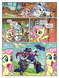 Size: 768x1024 | Tagged: safe, artist:jack lawrence, idw, imported from derpibooru, discord, fluttershy, bird, pegasus, pony, rabbit, spoiler:comic, spoiler:friendship in disguise, spoiler:friendship in disguise03, animal, comic, frenzy, laserbeak, preview, ratbat, ravage, soundwave, transformers