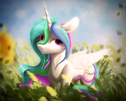 Size: 1437x1152 | Tagged: safe, artist:itssim, imported from derpibooru, princess celestia, alicorn, pony, cloud, female, grass, mare, nature, smiling, solo, sunlight, wings