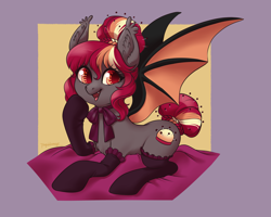 Size: 4375x3500 | Tagged: safe, artist:taytinabelle, imported from derpibooru, oc, oc only, oc:porona, bat pony, pony, bat pony oc, bat wings, braided tail, chest fluff, clothes, commission, ear fluff, fangs, hair bun, happy, necktie, open mouth, raised hoof, simple background, smiling, socks, solo, spread wings, stockings, thigh highs, wings