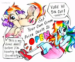 Size: 2442x2046 | Tagged: safe, artist:liaaqila, imported from derpibooru, rainbow dash, oc, oc:qilala, pegasus, pony, equestria girls, advertisement, clothes, community related, cute, dashabetes, dress, ocbetes, pencil, pony ears, promotional art, simple background, traditional art, white background