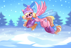 Size: 4222x2864 | Tagged: safe, artist:airiniblock, imported from derpibooru, oc, oc only, oc:bay breeze, pegasus, pony, beanie, boots, bow, clothes, commission, cute, female, flying, hair bow, happy, hat, mare, open mouth, rcf community, scarf, shoes, snow, snowfall, solo, winter, winter outfit