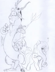 Size: 981x1280 | Tagged: safe, artist:aliciavanhammer, imported from derpibooru, discord, fluttershy, draconequus, pegasus, pony, blushing, butt, discoshy, female, flirting, flutterbutt, male, pencil drawing, plot, shipping, shrunken pupils, sketch, spanking, straight, surprised, this will end in snu snu, traditional art, wing hands, wing seduce, wings