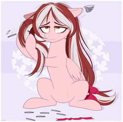 Size: 1108x1100 | Tagged: safe, artist:higgly-chan, imported from derpibooru, oc, oc only, oc:cherry blossom, pegasus, pony, bow, commission, female, floppy ears, hairpin, messy mane, pegasus oc, solo, tired, wings