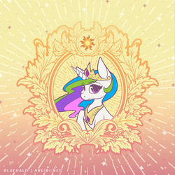 Size: 750x750 | Tagged: safe, artist:argibi, imported from derpibooru, part of a set, princess celestia, pony, bust, female, frame, portrait, solo