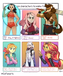 Size: 3000x3582 | Tagged: safe, artist:_stashio, imported from derpibooru, megan williams, sunset shimmer, anthro, human, six fanarts, equestria girls, breasts, chae lim, clothes, crossover, evening gloves, female, fingerless elbow gloves, fingerless gloves, floaty, g1, gloves, haruno sakura, king of fighters, long gloves, male, naruto, naze boku no sekai wo daremo oboeteinai no ka, pants, partial nudity, peace sign, ponied up, re:zero, ricardio, sakura haruno, smiling, sword, thinking, topless, weapon