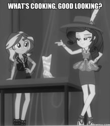 Size: 600x688 | Tagged: safe, edit, edited screencap, imported from derpibooru, screencap, rarity, sunset shimmer, equestria girls, equestria girls series, rarity investigates: the case of the bedazzled boot, black and white, caption, female, geode of empathy, geode of shielding, grayscale, image macro, magical geodes, memeful.com, monochrome, text