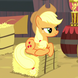 Size: 480x480 | Tagged: safe, imported from derpibooru, screencap, applejack, earth pony, pony, appleoosa's most wanted, cropped, cute, female, hay bale, jackabetes, mare, ponyloaf, solo