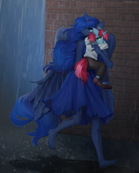 Size: 1280x1600 | Tagged: safe, artist:margony, imported from derpibooru, princess luna, oc, alicorn, anthro, plantigrade anthro, unicorn, barefoot, clothes, colt, dirt, dirty, dirty feet, dress, escape, feet, female, male, pants, praise the moon, puddle, rain, rescue, running, shoes, soles, toes, torn clothes, wet