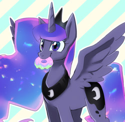 Size: 820x803 | Tagged: safe, artist:hosikawa, imported from derpibooru, princess luna, alicorn, pony, cute, donut, feathered wings, female, food, food in mouth, happy, lunabetes, mare, mouth hold, smiling, solo, spread wings, striped background, wings