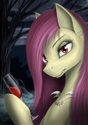 Size: 2480x3507 | Tagged: safe, artist:dezdark, imported from derpibooru, fluttershy, bat pony, pony, bat ponified, bust, cutie mark accessory, cutie mark earrings, ear piercing, earring, female, flutterbat, glass, hoof hold, jewelry, looking at you, not wine, piercing, portrait, race swap, solo