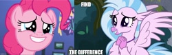 Size: 1563x500 | Tagged: safe, edit, edited screencap, imported from derpibooru, screencap, pinkie pie, silverstream, classical hippogriff, earth pony, hippogriff, pony, school daze, caption, duo, episode needed, find the difference, image macro, jewelry, necklace, smiling, text