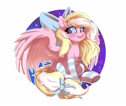 Size: 4096x3448 | Tagged: safe, artist:ask-colorsound, imported from derpibooru, oc, oc only, oc:bay breeze, pegasus, pony, blushing, bow, clothes, cute, female, hair bow, looking at you, mare, ocbetes, simple background, socks, solo, spread wings, starry eyes, striped socks, tail bow, underhoof, white background, wingding eyes, wings