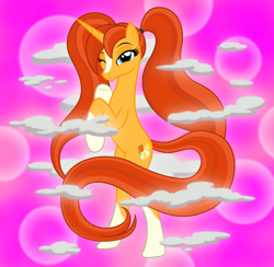 Size: 2703x2643 | Tagged: safe, artist:badumsquish, derpibooru exclusive, imported from derpibooru, sunburst, pony, unicorn, abstract background, blaze (coat marking), coat markings, facial markings, female, flirting, flirty, glow, glowing, hair wrap, kissy face, long mane, long tail, looking at you, male to female, naruto, one eye closed, pigtails, ponified scene, ponytail, poof, raised tail, rearing, rule 63, scene interpretation, sexy jutsu, shapeshifting, smoke, socks (coat marking), socks (coat markings), solo, sunstone (g4 r63 sunburst), tail, transformation, transgender transformation, twintails, wink