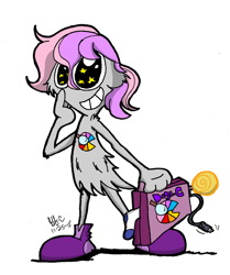 Size: 1024x1225 | Tagged: safe, artist:spongefox, imported from derpibooru, oc, oc only, oc:digibrony, alien, candy, crossover, cute, food, lollipop, male, simple background, sock, solo, starry eyes, suitcase, transparent background, wander over yonder, wingding eyes