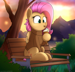 Size: 4096x3923 | Tagged: safe, artist:feital-zebra, artist:felixf, imported from derpibooru, fluttershy, pegasus, pony, bench, clothes, cross-eyed, female, folded wings, food, grass, high res, hoof hold, ice cream, ice cream on nose, icing on nose, lake, looking at self, looking at something, mare, mountain, outdoors, raised hoof, river, sitting, solo, sunset, sweater, sweatershy, three quarter view, tongue out, tree, water, wings