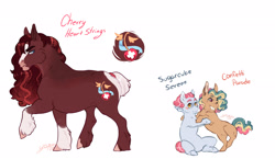 Size: 2578x1494 | Tagged: safe, artist:yozora122, imported from derpibooru, oc, oc only, oc:cherry heart strings, oc:confetti parade, oc:sugarcube serene, earth pony, pony, female, filly, half-siblings, male, offspring, parent:cheese sandwich, parent:pinkie pie, parent:trouble shoes, parents:cheesepie, parents:trouble pie, simple background, stallion, white background