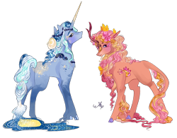 Size: 1170x914 | Tagged: safe, artist:bunnari, imported from derpibooru, oc, oc only, oc:flora serenade, oc:moonlit aqua, hybrid, pony, unicorn, commission, female, magical lesbian spawn, mare, offspring, parent:autumn blaze, parent:night light, parent:princess cadance, parent:princess luna, parents:nightluna, simple background, transparent background