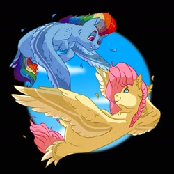 Size: 1900x1900 | Tagged: safe, artist:datwhoolsumcartunist, imported from derpibooru, fluttershy, rainbow dash, pegasus, pony, female, flutterdash, flying, lesbian, looking at each other, mare, shipping, tail feathers, tongue out