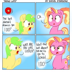 Size: 1414x1414 | Tagged: safe, artist:swivel starsong, imported from derpibooru, luster dawn, oc, pony, unicorn, bell, comic, female, luster dawn is not amused, school, this will end in detention