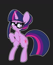 Size: 1959x2400 | Tagged: safe, artist:kindakismet, imported from derpibooru, sci-twi, twilight sparkle, pony, unicorn, equestria girls, bipedal, black background, equestria girls ponified, female, glasses, hair bun, mare, simple background, solo, sweat, unicorn sci-twi