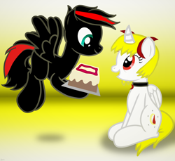 Size: 7200x6600 | Tagged: safe, artist:agkandphotomaker2000, imported from derpibooru, oc, oc:arnold the pony, oc:lucia nightblood, pegasus, pony, vampire, vampony, arncia, birthday, birthday gift, cake, flying, food, happy birthday, oc x oc, red and black mane, red and black oc, shipping, show accurate, sitting