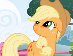 Size: 1216x938 | Tagged: safe, imported from derpibooru, screencap, applejack, earth pony, pony, applebuck season, bags under eyes, cropped, cute, female, floppy ears, jackabetes, looking up, smiling, solo