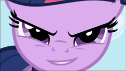 Size: 720x406 | Tagged: safe, edit, edited screencap, imported from derpibooru, screencap, twilight sparkle, pony, unicorn, applebuck season, badass, bring it on, close-up, cropped, female, happy, inverted mouth, narrowed eyes, smiling, smiling at you, solo, unicorn twilight