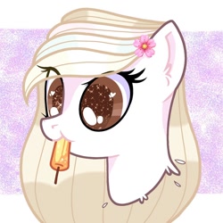 Size: 1080x1080 | Tagged: safe, artist:lacey.wonder, imported from derpibooru, oc, oc only, earth pony, pony, bust, earth pony oc, eating, flower, flower in hair, food, mouth hold, popsicle, solo, starry eyes, wingding eyes