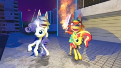 Size: 1280x720 | Tagged: safe, artist:horsesplease, imported from derpibooru, rarity, sunset shimmer, pony, unicorn, wolf, 3d, animal crossing, animal crossing: new horizons, audie (animal crossing), female, fiery shimmer, fire, fire sword, flaming sword, gmod, magic, riding, sword, weapon, whitney (animal crossing), wolves riding ponies