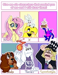 Size: 940x1212 | Tagged: safe, artist:wandakinkay, imported from derpibooru, angel bunny, fluttershy, anthro, dog, goat, human, pegasus, pony, rabbit, six fanarts, animal, anthro with ponies, bust, collar, crossover, female, jojo's bizarre adventure, lady and the tramp, male, mare, open mouth, pyromancy, sitting, smiling, toriel, undertale