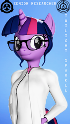 Size: 1080x1920 | Tagged: safe, artist:backmaker, imported from derpibooru, sci-twi, twilight sparkle, anthro, 3d, clothes, glasses, lab coat, scp, scp foundation, solo, source filmmaker