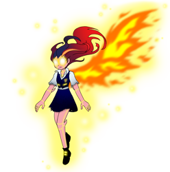 Size: 1048x1056 | Tagged: safe, artist:crydius, imported from derpibooru, oc, oc:gamma, human, robot, equestria girls, clothes, fire, gamma ifrit mode, glowing horn, horn, humanized, magical lesbian spawn, offspring, parent:sci-twi, parent:sunset shimmer, parents:scitwishimmer, simple background, skirt, transparent background, uniform, winged humanization, wings