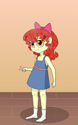 Size: 881x1414 | Tagged: safe, artist:happy harvey, imported from derpibooru, apple bloom, equestria girls, adorabloom, bow, clothes, curly hair, cute, denim dress, drawn on phone, dress, female, freckles, hair bow, looking at you, missing shoes, peace sign, phone drawing, socks, solo, wooden floor