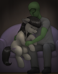 Size: 2325x2954 | Tagged: safe, artist:zippysqrl, imported from derpibooru, octavia melody, oc, oc:anon, earth pony, human, pony, clothes, comforting, consoling, couch, crying, duo, embrace, eyes closed, female, hug, sad, shirt, shoes, tears of joy
