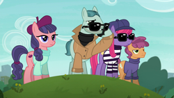 Size: 1280x720 | Tagged: safe, imported from derpibooru, screencap, late show, on stage, raspberry beret, stardom, earth pony, pony, made in manehattan, beret, clothes, female, hat, male, mare, stallion, sunglasses, sweater, turtleneck