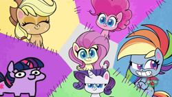 Size: 1280x720 | Tagged: safe, artist:jargon scott, edit, edited screencap, imported from derpibooru, screencap, applejack, fluttershy, pinkie pie, rainbow dash, rarity, twilight sparkle, pony, my little pony: pony life, among us, female, g4.5, mane six, one of these things is not like the others, squatpony, treehouse logo, twiggie