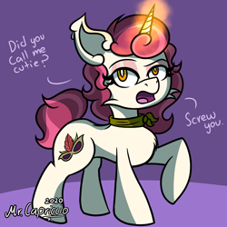 Size: 3000x3000 | Tagged: safe, artist:mrcapriccio, imported from derpibooru, oc, oc only, oc:dolce spiaro, pony, unicorn, abstract background, female, full body, looking at you, magic, makeup, mare, open mouth, raised hoof, rude, solo