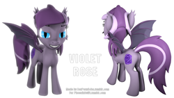 Size: 1280x720 | Tagged: safe, artist:batponyecho, imported from derpibooru, oc, oc only, oc:violet rose, bat pony, pony, 3d, angry, bat pony oc, bat wings, butt, cutie mark, female, looking at you, mare, mouth hold, plot, simple background, solo, source filmmaker, spread wings, tail, unamused, white background, wings