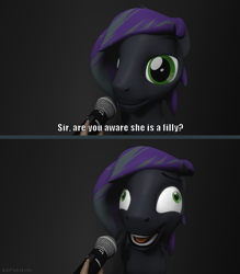 Size: 1279x1458 | Tagged: safe, artist:batponyecho, imported from derpibooru, oc, oc only, oc:rome silvanus, earth pony, pony, 3d, comic, derp, disembodied hand, hand, i didn't listen, image macro, implied pedophile, meme, microphone, smiling, source filmmaker, text