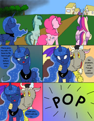 Size: 1000x1288 | Tagged: safe, artist:emilou1985, imported from derpibooru, crystal arrow, crystal beau, discord, pinkie pie, princess cadance, princess luna, pony, comic:signs, annoyed, front view, pop, rear view, surprised