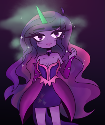 Size: 1719x2048 | Tagged: safe, artist:prizecow, imported from derpibooru, sci-twi, twilight sparkle, equestria girls, bare shoulders, breasts, cleavage, female, glowing horn, gradient background, horn, midnight sparkle, solo, sparkles, wingless