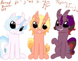 Size: 1280x1002 | Tagged: safe, artist:baezyl zuuhaas, imported from derpibooru, oc, oc only, oc:peaches dyorn, oc:plumbiskyn dyorn, oc:snowburri dyorn, bicorn, hybrid, original species, pony, canines, cute, cutie mark, elf ears, emoji, futa, horn, horns, intersex, multiple horns, sharp teeth, siblings, simple background, sitting, smiling, staring at you, sticking tongue out, teeth, thick horn, tongue out, triplets, white background