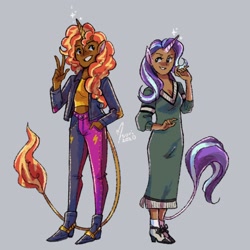 Size: 1620x1620 | Tagged: safe, artist:sorisketches, imported from derpibooru, starlight glimmer, sunset shimmer, human, clothes, dark skin, dress, horn, horned humanization, humanized, tailed humanization