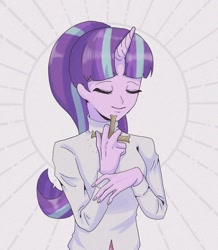 Size: 1194x1372 | Tagged: safe, artist:ugmegt, imported from derpibooru, starlight glimmer, equestria girls, christianity, clothes, cross, eyes closed, female, halo, horn, horned humanization, religion, s5 starlight, saint, smiling, solo