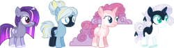 Size: 1280x352 | Tagged: safe, artist:berry-siren, imported from derpibooru, oc, oc only, alicorn, pegasus, pony, unicorn, female, filly, magical lesbian spawn, offspring, parent:pinkie pie, parent:princess luna, parent:rainbow dash, parent:rarity, parent:twilight sparkle, parents:lunadash, parents:lunapie, parents:rariluna, parents:twiluna, simple background, transparent background