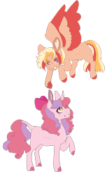 Size: 1280x2092 | Tagged: safe, artist:astrodrveams, imported from derpibooru, oc, oc only, pegasus, pony, unicorn, bow, colt, cousins, female, filly, hair bow, magical lesbian spawn, male, offspring, parent:applejack, parent:big macintosh, parent:princess cadance, parent:rarity, parents:cadjack, parents:rarimac, simple background, transparent background