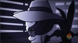 Size: 2572x1444 | Tagged: safe, imported from derpibooru, screencap, rarity, pony, my little pony: pony life, whoof-dunnit, spoiler:pony life s01e37, detective rarity, fedora, female, g4.5, hat, noir, plant, rarity's house, rear view, shutter shades, solo, sunglasses, treehouse logo, visor