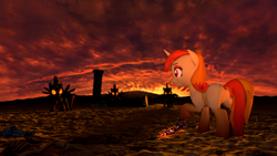 Size: 3840x2160 | Tagged: safe, artist:twilighlot, imported from derpibooru, oc, oc:arcane flame, 3d, desert, dessert, eye, eyes, glow, glowing, sand, solar guard, solarflareseries, solarguard, source filmmaker, sun